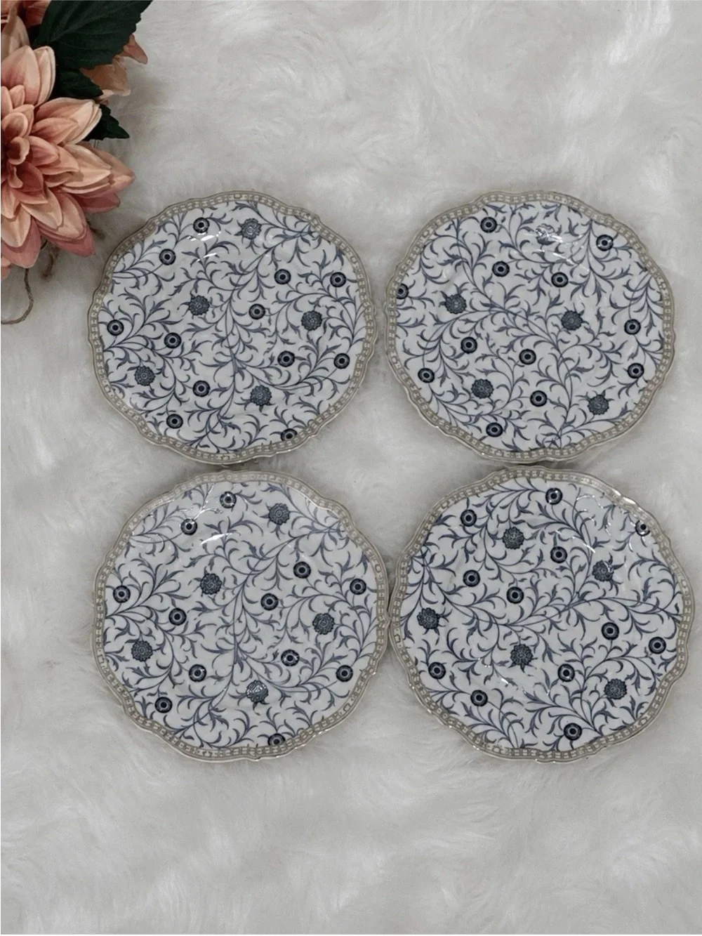 4 MORRIS & Co SIDE SALAD PLATE Floral Dish WHITE SWEET BRIAR Premium Porcelain